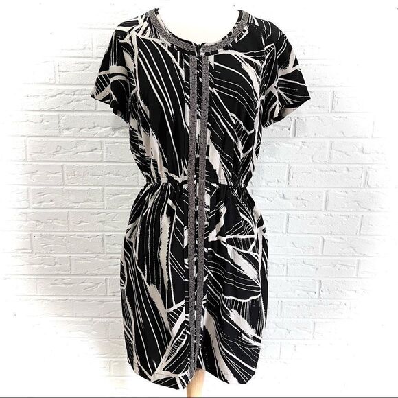 🚨4/$25 ALFANI  Geo Print Black And Beige Beaded Dress Size 8 - Picture 1 of 4
